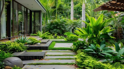 Poster - A lush green garden with a stone walkway and a house in the background. The garden is well-maintained and has a peaceful, serene atmosphere