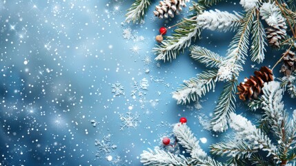 Wall Mural - Frosty spruce branches with Christmas decorations on blue backdrop
