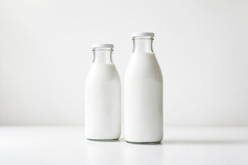 Two glass bottles of milk on a white surface