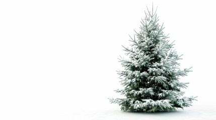 Aufkleber - A single evergreen tree stands tall in a snowy landscape. The branches are covered in fresh snow, creating a beautiful winter scene. The white background highlights the trees green needles and the int