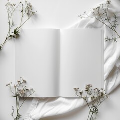 Poster - A white open book with a white background and flowers on it
