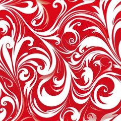 Leinwandbilder - A seamless pattern featuring a swirling, abstract design with white floral motifs on a bright red background. The stylized floral shapes create a dynamic and intricate pattern that is both elegant and