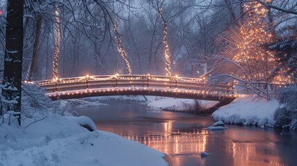 Poster - A bridge over a river is lit up with Christmas lights. The scene is peaceful and serene, with the snow-covered ground and the reflection of the lights on the water