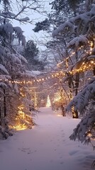 Aufkleber - A snowy path winds through a forest, illuminated by Christmas lights strung between bare trees. The path leads to a decorated Christmas tree at the end of the clearing. The snow glistens in the fading