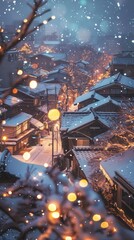Poster - A picturesque view of a snow-covered Japanese town at night. The buildings are adorned with twinkling lights, and the snow falls gently, creating a magical atmosphere. The image captures the beauty an