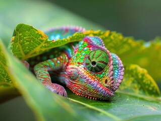 A colorful lizard is resting on a leaf