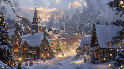 Poster - A quaint Christmas village sits nestled within a snow-covered forest. The charming houses are decorated with twinkling lights and garlands, while the trees glisten with fresh snowfall. The sky is abla
