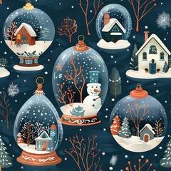 Poster - A blue and white Christmas scene with snowflakes and houses. The houses are decorated with snowmen and other winter decorations