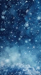 Aufkleber - A vertical image of a snowy landscape with a blue sky and snowflakes falling. The ground is covered in snow, with a small pile of snow in the foreground. The sky is filled with white snowflakes, and t