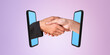 © ImageFlow - Two hands shaking extending from smartphones on pink background. Concept of virtual agreement or business deal