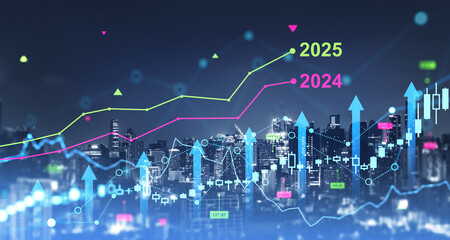 Poster - bangkok skyline and growing arrows with forex graph diagrams and years