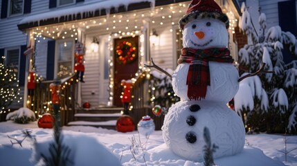 Wall Mural - A smiling snowman with a red hat and scarf stands in front of a house decorated for the holidays. The house is covered in twinkling Christmas lights, and a wreath hangs on the front door. The ground i