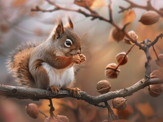 Wall Mural - A squirrel is eating nuts from a tree branch