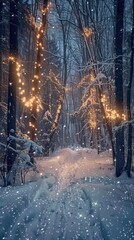 Poster - A snowy forest path is illuminated by strings of warm, white lights strung on trees. The path is covered in fresh, white snow, and the trees are bare and frosted with snow. The image is a serene and m