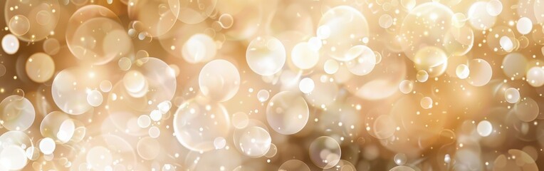 Fototapete - This image is a close-up, abstract background featuring a series of glowing white and gold bokeh lights against a golden backdrop. The bokeh circles create a sense of depth and movement, while the ove