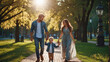© Syrtseva Tatiana - A young family walking hand in hand through a park, enjoying a sunny day with their toddler. The sunlight filters through the trees, creating a warm glow.