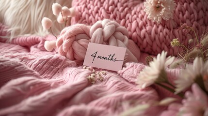 Wall Mural - Card with the inscription 4 month lies on the bed with pink bedding in honor of the child's birthday. Four month old little girl baby. A postcard with congratulations for the parents of a small child.