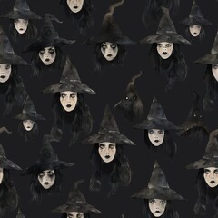 Poster - This image features a repeating pattern of watercolor illustrations of witch faces wearing black pointed hats. The background is a dark black, giving the image a spooky and mysterious feel. Each witch