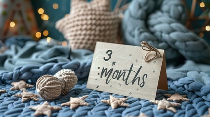 Wall Mural - Card with the inscription 3 month lies on the bed with blue bedding in honor of the child's birthday
Three months old little girl baby. A postcard with congratulations for the parents of a small child