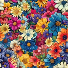 Wall Mural - A vibrant digital illustration of a summer floral bouquet pattern. The pattern features a variety of flowers in bright colors, including red, yellow, blue, and pink. The flowers are arranged in a tigh