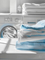 Aufkleber - A stack of blue towels sits neatly folded on the top of a white washing machine, showcasing a clean and organized laundry room. Generative AI