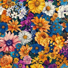Poster - A colorful floral pattern features a variety of flowers in shades of yellow, orange, blue, and pink. The flowers are arranged in a dense, layered pattern against a dark blue background. The image is f