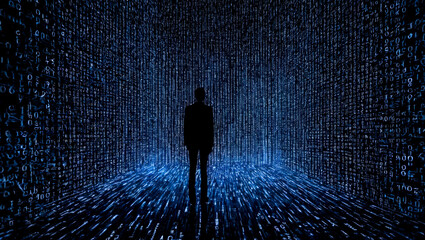 Poster - Silhouette of person standing amidst glowing blue digital data streams. Represents technology, cybersecurity, information flow. Radiant lines of binary code illuminate figure in dark setting