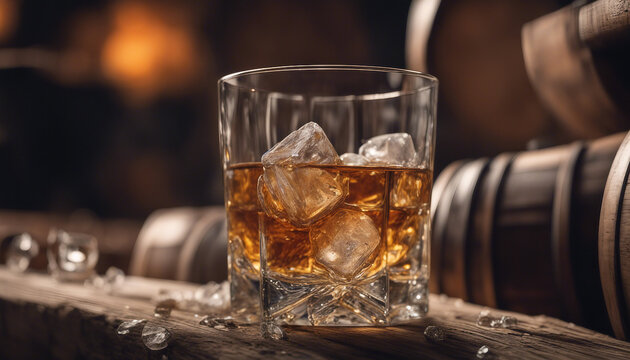 whisky glass with ice flakes on a wooden barrel and an unbranded, unwritten whisky bottle. 