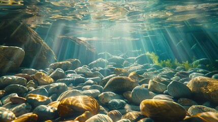 Poster - A photo taken underwater looking up at the surface of a clear, shallow river. The bright sun is shining through the water, creating beams of light that illuminate the smooth, colorful rocks on the riv