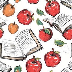 Poster - A colorful seamless pattern featuring hand-drawn red apples and open books. The pattern is set against a white background. The apples are depicted with a simple, yet detailed style, while the books ar