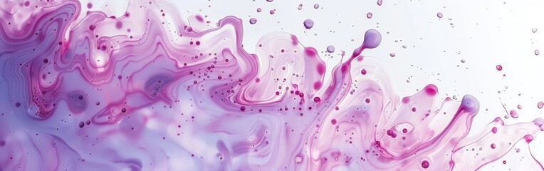 Wall Mural - A close-up photograph of a purple and white abstract painting featuring swirls, bubbles, and speckles of paint. The paint appears to be wet and flowing, creating a dynamic and textured composition.