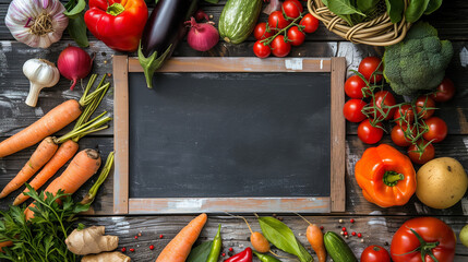 Wall Mural - Chalk-up chalkboard for placing text on the background. A wide variety of raw organic fruits and vegetables. Allergy friendly, clean food or healthy food