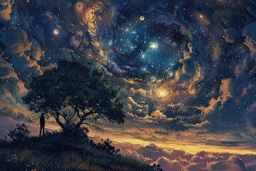 Wall Mural - a painting of a night sky with stars and a tree
