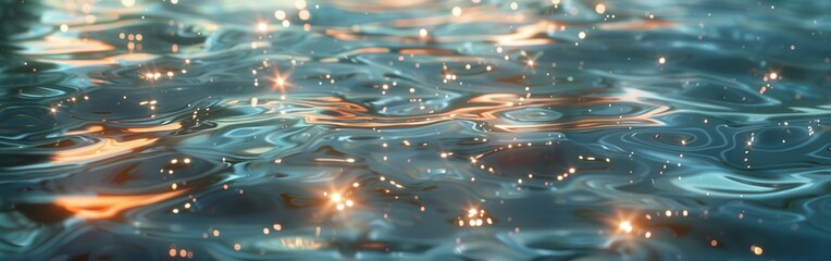 Wall Mural - This image shows a close-up view of rippling water, with sunlight reflecting off the surface and creating a shimmering effect. The water is a deep blue-green color, and the sunlight creates a warm, in