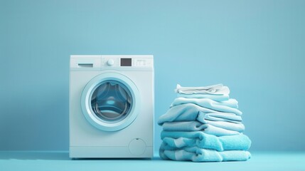 Poster - A white washing machine with a glass door sits on a light blue surface. To the right of the machine, a stack of neatly folded white and blue laundry sits against the blue wall. Generative AI