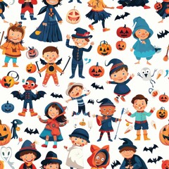 Poster - A vibrant, seamless pattern showcasing children in various Halloween costumes. The design features a diverse group of kids dressed as witches, vampires, ghosts, and more. There are also pumpkins, bats