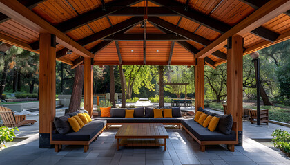 Wall Mural - wood pavilion with gabled roof, outdoor seating and couches under gazebo