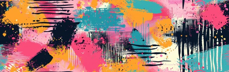 Poster - This digital illustration features a colorful and abstract design. The background consists of bright splashes of pink, orange, and blue paint. There are black lines, stripes, and dots throughout the i