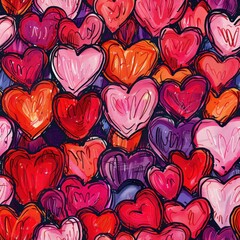 Fototapete - A seamless pattern of overlapping, hand-drawn hearts in vibrant shades of red, pink, and purple. The hearts are drawn with a loose, expressive style, creating a whimsical and romantic effect.