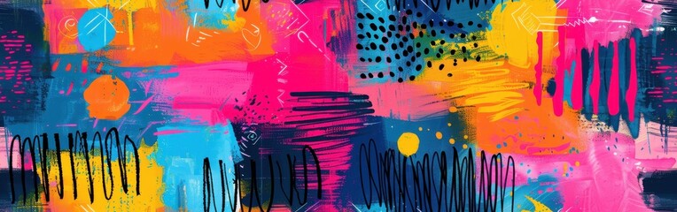 Poster - An abstract digital painting with a vibrant color palette. The artwork features a variety of colors, including pink, orange, blue, yellow, and black. The colors are applied in a loose and expressive s