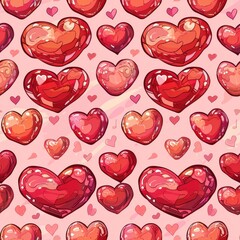 Poster - A seamless pattern featuring multiple red hearts in different sizes and textures against a pink background with small, light pink hearts and music notes scattered across the surface. The hearts are dr