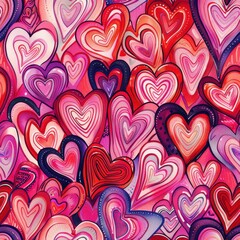 Fototapete - This is a digital illustration of a repeating pattern featuring many overlapping hearts in different shades of pink and red. The hearts are drawn in a watercolor style and have a swirly, abstract look