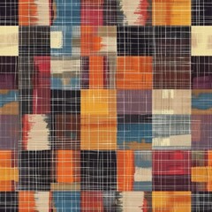 Fototapete - This image features a digitally created abstract pattern made up of colorful patchwork squares. The squares are arranged in a grid pattern and are overlaid with white and black grid lines that create 