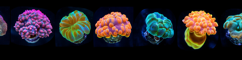 Wall Mural - colourful fluorescent corals isolate on black background