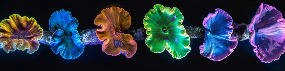 Wall Mural - colourful fluorescent corals isolate on black background