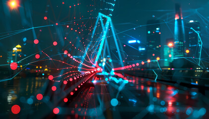 Wall Mural - Abstract smart city lights by night, river bridge, network connectivity, technology, telecommunications