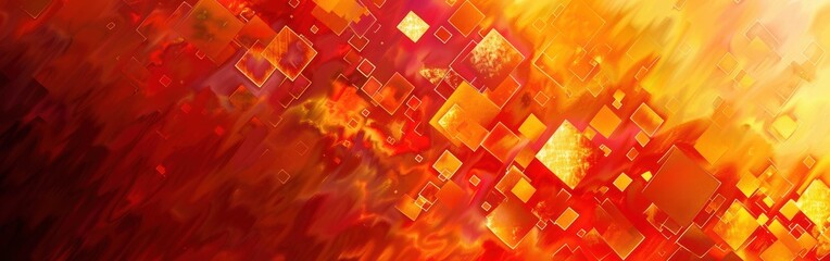 Fototapete - This abstract background features a mix of orange and red squares and shapes, creating a digital and artistic aesthetic. The squares are layered and translucent, suggesting a depth and dimension to th