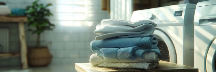 Poster - A stack of clean, folded laundry sits on a wooden surface next to a white washing machine in a brightly lit room. Generative AI