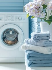 Aufkleber - A stack of neatly folded, clean laundry sits next to a white washing machine in a modern bathroom. Generative AI