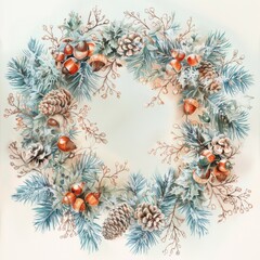 Aufkleber - A watercolor painting depicts a festive winter wreath composed of pine branches, pinecones, and acorns. The branches are frosted with a light dusting of snow, adding a touch of winter magic. The wreat